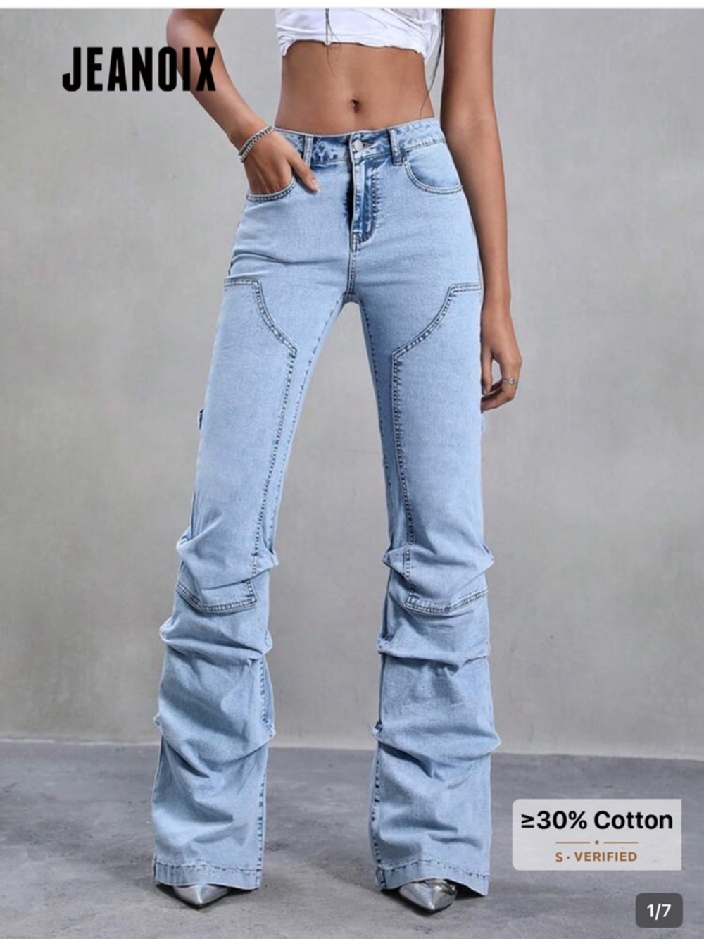 Light Blue High-Rise Ruched Flare Jeans